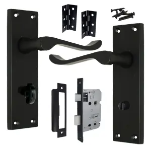 Door Handles Victorian Scroll Lever Bath Lock - Matt Black Pack Hinges 150 x 40mm