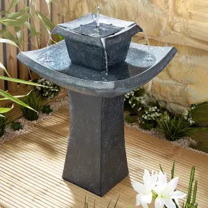 Oriental Pagoda Solar Powered Water Feature - Slate-Effect Polyresin 2 Tier Cascading Water Fountain - H72 x 47cm Diameter