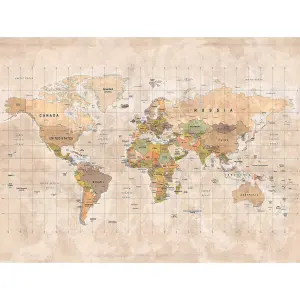 Grandeco Vintage World Map 7 panel Textured Mural,  2.8 x 3.71m, Multi Neutral