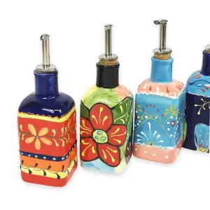 Classic Spanish Hand Painted Pattern Kitchen Dining Squared Oil Drizzler 250ml Daisy Chains