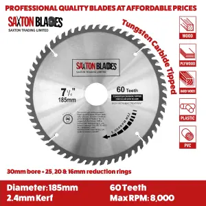 Saxton TCT18560T TCT Circular Saw Blade 185mm x 60 Teeth x 30mm Bore + 16, 20 and 25mm Rings