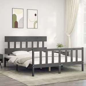 Berkfield Bed Frame with Headboard Grey King Size Solid Wood