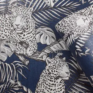 Muriva Blue Wildlife Shimmer effect Embossed Wallpaper