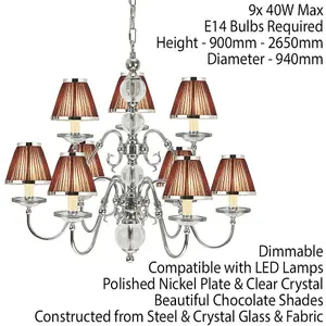 Flemish Ceiling Pendant Chandelier Polished Nickel & Brown Shades 5 Lamp Light