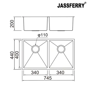 JASSFERRY Kitchen Sink Undermount Handmade 1.2mm Thickness Stainless Steel Double 2 Bowl, 745 X 440 mm