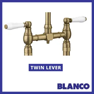 Blanco Vicus Bridge Twin Lever Swivel Spout Traditional Kitchen Mixer Tap - Brushed Brass