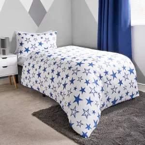 Duvet Cover Set Reversible 2 x Star Quilt Pillowcases, Navy/Green - Junior