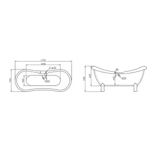 Clara 1750mm Double Ended Slipper Bath with White Claw & Ball Feet