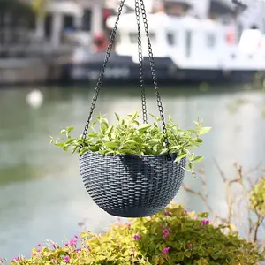 3Pcs Grey Decorative Hanging Round Plastic Plant Pot Set with Drainage Holes and Chains