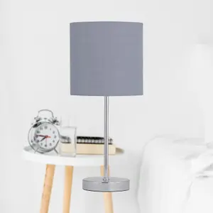 First Choice Lighting Set of 2 Chrome Stick Table Lamps with Grey Cotton Shades