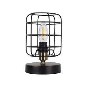 First Choice Lighting Set of 2 Cage Black and Antique Brass Industrial Style Table Lamps