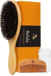 100% Boar Bristle Hair Brush Set. Soft Natural Bristles For Thin And Fine Hair. Restore Shine And Texture. Wooden Comb, Travel Bag And Spa Headband