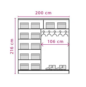 Effect Contemporary Mirrored Sliding 2 Door Wardrobe 5 Shelves 1 Rail Andersen Pine Effect (H)2000mm (W)2160mm (D)590mm