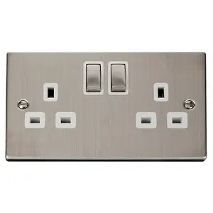 Stainless Steel 2 Gang 13A DP Ingot Twin Double Switched Plug Socket - White Trim - SE Home