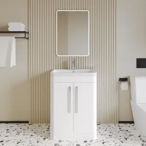 600mm - Floor Standing 2 Door Vanity Unit with Ceramic Basin - Gloss White