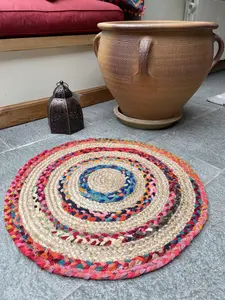 FIESTA Round Rug Jute Hand Woven with Recycled Fabric / 60 cm Diameter