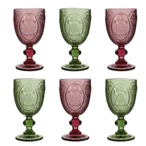 Set of 6 Vintage Luxury Pink & Green Drinking Wine Glass Wine Goblets 310ml