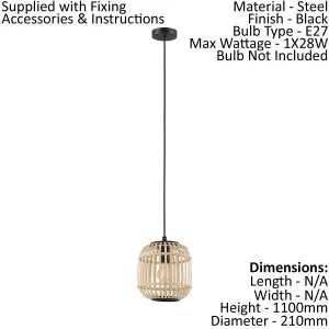 Hanging Ceiling Pendant Light Black & Wicker Cage 1x 28W E27 Feature Lamp