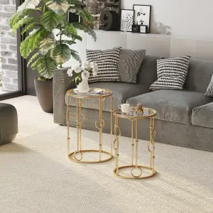 HOMCOM Set of 2 Gold Nesting Coffee Table, Side Tables W/ Tempered Glass Top