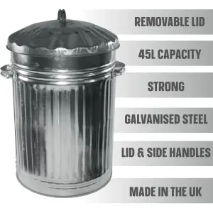 Galvanised Metal Bin Waste Rubbish Dustbin Rubbish Waste Animal Feed Outdoor or Indoor Bin, Retro Bin 45L