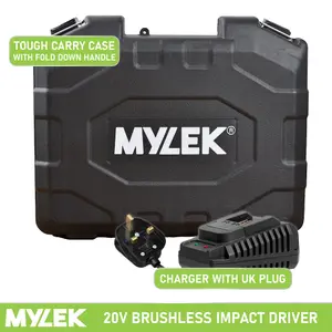 Mylek Cordless Li-ion Impact Drill Driver 20V Brushless, Variable Speed (0-2400RPM), 280Nm, 0-3200BPM, 2000Ah Battery