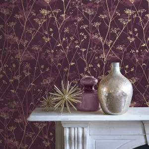 Clarissa Hulse Wild Chervil Damson Pink & Gold effect Smooth Wallpaper