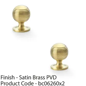 2 PACK - Reeded Ball Door Knob - 32mm Diameter Satin Brass Lined Cupboard Pull Handle