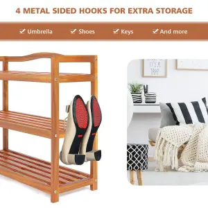 Costway 3-Tier Wood Shoe Rack Solid Shoe Storage Shelf Organizing Unit w/ Side Hooks