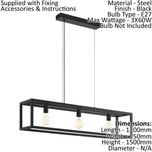 Hanging Ceiling Pendant Light Black & Glass Box 3x 60W E27 Kitchen Island Lamp