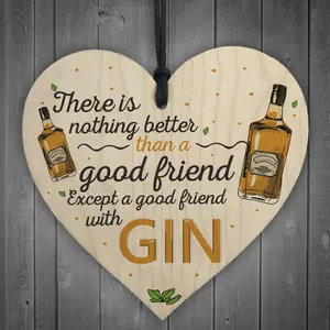 Red Ocean Good Friend With Gin Novelty Wooden Hanging Heart Plaque Garden Joke Sign Birthday Gift