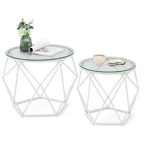 Alieya Round Coffee Tables, Set Of 2 Side Tables, Modern Style, Removable Tabletop, Steel Frame, For Living Room,Transparent-Cloud White