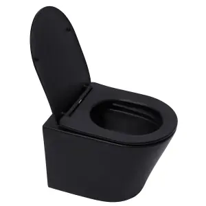 Matt Black Hidden Fixation Wall Hung Rimless Toilet WC Pan & Soft Close Slim Seat