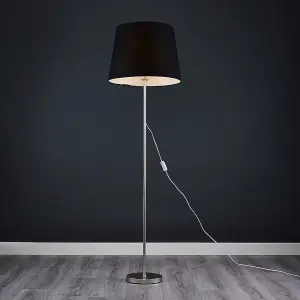 ValueLights Modern Floor Lamp In Brushed Chrome Metal Finish With Extra Large Black Shade