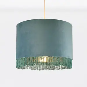 First Choice Lighting Set of 2 Teal Velvet With Chrome Inner Tassled Light Shades