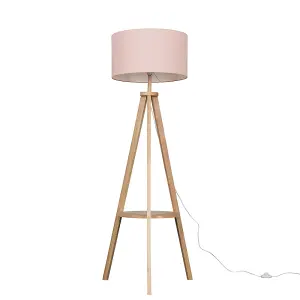 ValueLights Morrigan Light Wood Tripod Design Floor Lamp with Storage Shelf and Pink Drum Shade