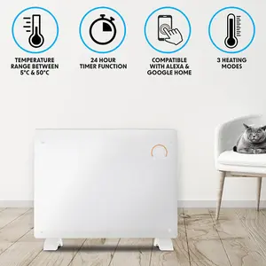 Electric White Glass Panel Heater - 1500W Smart Wi-Fi Wall Moutned Radiator