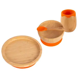 Tiny Dining - Round Bamboo Suction Baby Feeding Set - Orange - 4pc