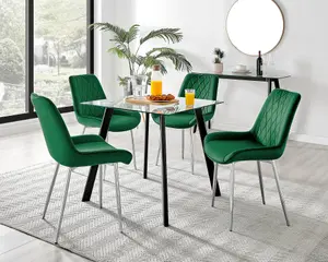 Furniturebox Seattle Scandi Inspired Glass and Black Metal Leg Square Dining Table & 4 Green Pesaro Velvet Silver Leg Chairs