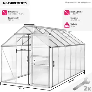 Greenhouse - aluminium frame, sliding door, roof window - 375 x 185 x 195 cm