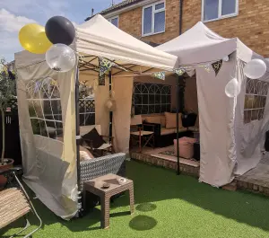 All Seasons Gazebos 2x2 Full Waterproof Pop Up Gazebo with 4 Heavyweight Side Panels and Accessories Beige