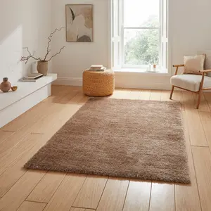 Beige Plain Shaggy 45mm Thick Stain-Resistant Rug For Bedroom, & Dining Room, Easy to Clean Modern Rug-60cm X 120cm