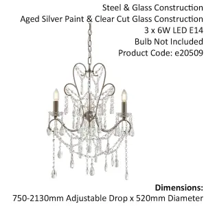 Aged Silver Ceiling Chandelier - 3 Bulb Light Decorative Ceiling Pendant Fitting