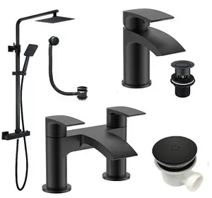 Square Black Thermostatic Overhead Shower Kit & Basin & Bath Filler Pack (Inc ALL Wastes)