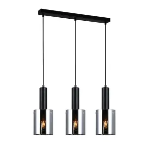 Luminosa Modern Hanging Pendant Black 3 Light  with Smoky Shade, E27