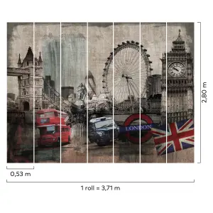 Grandeco London City Montage 7 panel Textured Mural,  2.8 x 3.71m