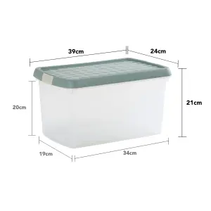 Wham Clip 2x 14L Rectangular Plastic Storage Boxes with Secure Clip Lock Lids. L:39 x W:24 x H:21cm Clear/Green Milieu/Stone