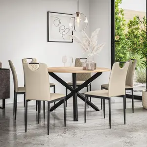 Malvern Round Dining Table And Chairs -  Oak Table Top w Solid Oak Black Legs + Monza Faux Leather Dining Chair Set Of 6 (Beige)