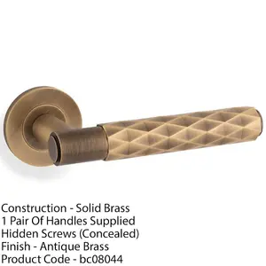 PAIR Diamond Lever On Round Rose Door Handle - Antique Brass Concealed Screw