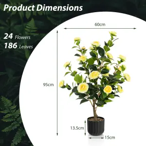 Costway Artificial Camellia Tree Faux Flower Plant Pot Artificial Tree 24 Yellow Flowers