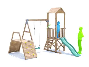 Dunster House Wooden Climbing Frame with Swing, Climbing Wall & Slide BalconyFort Low Platform